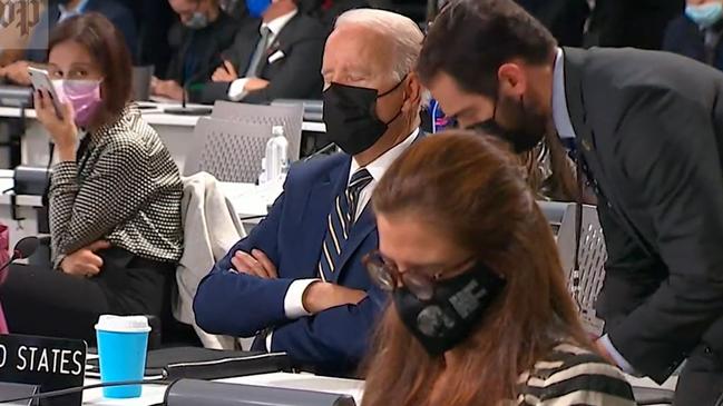 After about 30 seconds an adviser rushed over which seemed to awaken Mr Biden from his slumber. Picture: Twitter