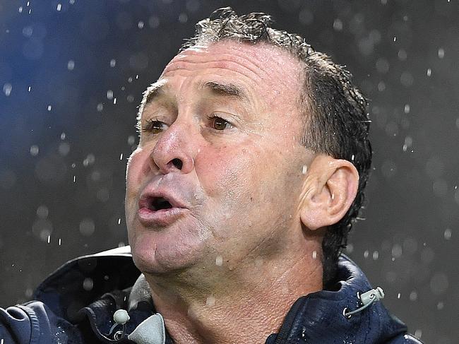 Raiders coach Ricky Stuart gestures during the Round 1 NRL match between the Gold Coast Titans and the Canberra Raiders at CBus Super Stadium on the Gold Coast, Sunday, March 17, 2019. (AAP Image/Dave Hunt) NO ARCHIVING, EDITORIAL USE ONLY