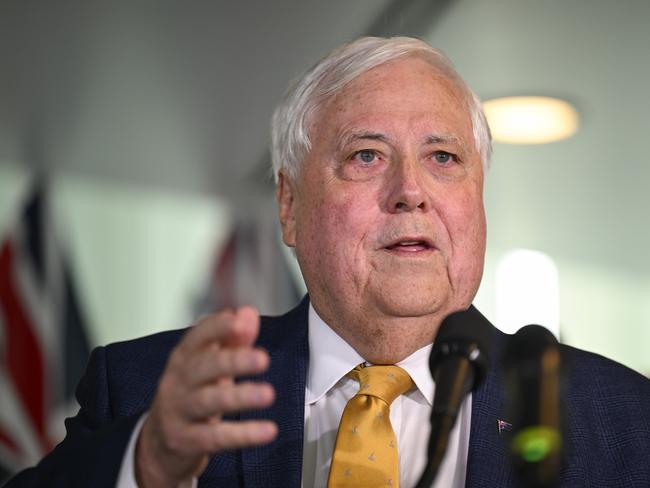 Chairman of Trumpet of Patriots, Clive Palmer, holds a press conference at Parliament House this week. Picture: NewsWire / Martin Ollman