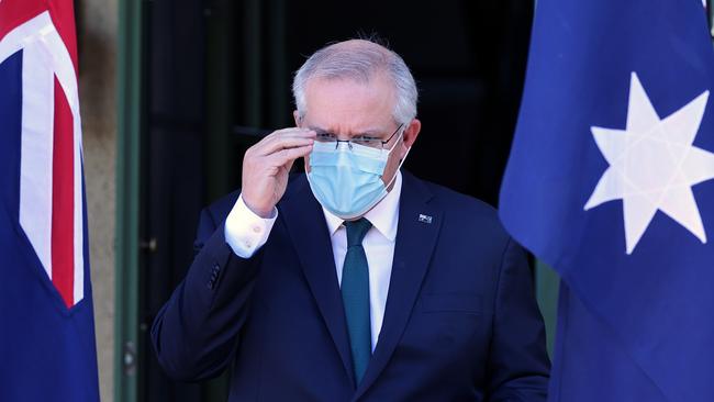 Prime Minister Scott Morrison addresses the media at a press conference at The Lodge about the vaccine rollout and its challenges. Picture: NCA NewsWire / Gary Ramage