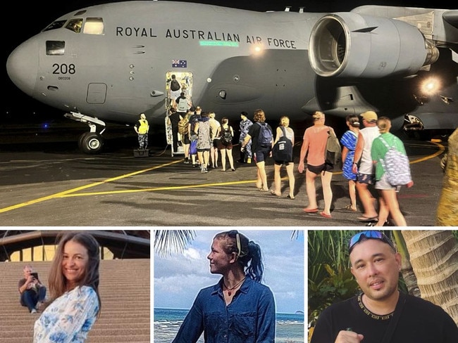 Australian citizens affected by the earthquake diaster in Vanuatu board a RAAF emergency rescue flight, and bottom from left: stranded Australians Erika Parisi, SJ Seffen and Jeff Smith.