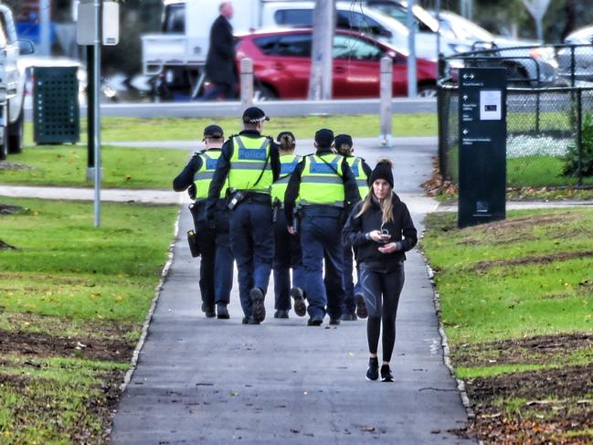 A stronger police presence around the area where 22 year old Eurydice Dixon was found dead at Princes Park, Carlton North.  Picture: Tony Gough