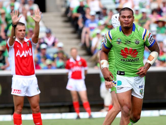 Raiders Joey Leilua gets sent to the sinbin against the Roosters. Picture Kym Smith