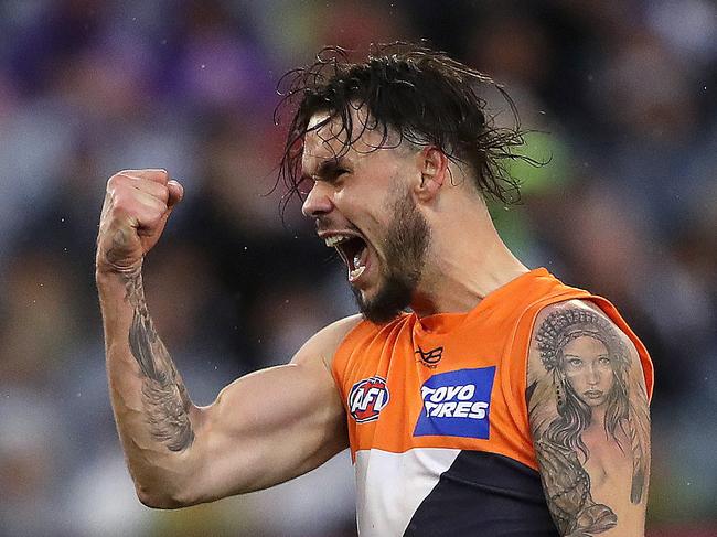 Giants Zac Williams celebrates goal during the AFL Preliminary Final match between the GWS Giants and the Collingwood Magpies at the MCG. Picture. Phil Hillyard