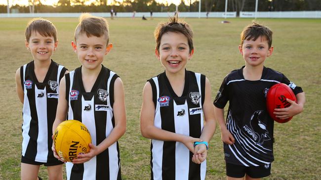 Kellyville Rouse Hill Magpies (from left) Lachlan Connellan, Jai Taylor, Jack Lewis and Hamish Connellan have fun at training at Bruce Purser Reserve in Kellyville.