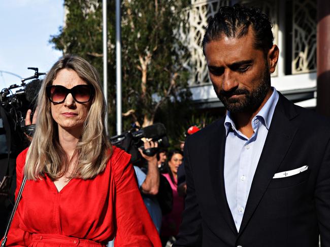 Hunter Valley bus crash survivors Sharyn and Jason Junkeer leaving the final day of sentencing of Brett Button at Newcastle Court. Picture: NewsWire