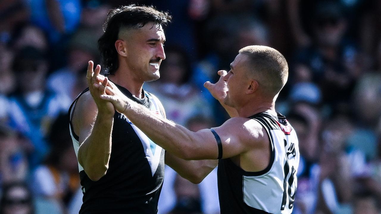 ADELAIDE, AUSTRALIA - MARCH 17: Ivan Soldo of the Power celebrates a goal with Ollie Wines of the Power during the round one AFL match between Port Adelaide Power and West Coast Eagles at Adelaide Oval, on March 17, 2024, in Adelaide, Australia. (Photo by Mark Brake/Getty Images)