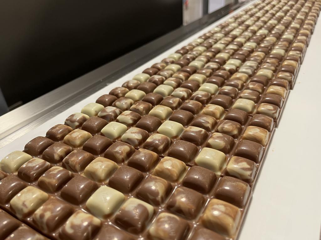 Cadbury Dairy Milk Marble bars on the production line at the Cadbury factory in Claremont, Hobart. Picture: Benedict Brook/news.com.au