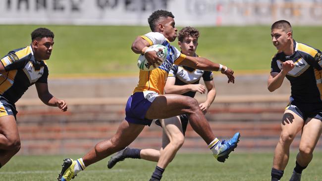 Patrician Brothers Blacktown player Sunia Turuva in action in the decider. Blacktown at Leichhardt Oval in Sydney. Picture: Richard Dobson