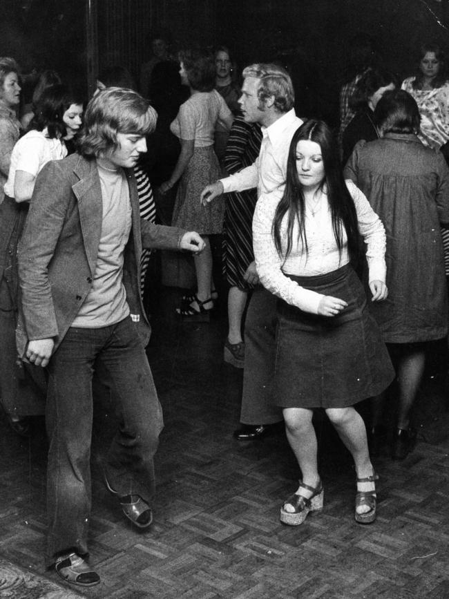 Young men and women dancing in the disco "Fiesta Villa" at the Findon Hotel, 1975. Picture: Peter Watkins