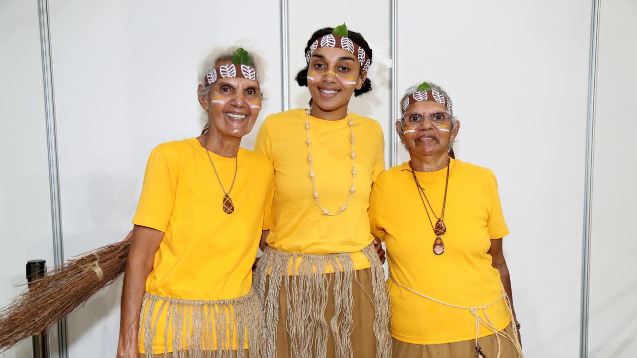 Super Netball game between Fever and Giants at Cairns pop up stadium. Traditional Indinji elders Elaine Thomas, Amariah Savage and Theresa Dewar. PICTURE: STEWART McLEAN