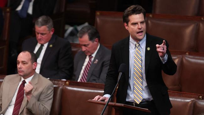 Matt Gaetz nominates Donald Trump during the third day of elections for Speaker of the House. Picture: Getty Images via AFP.