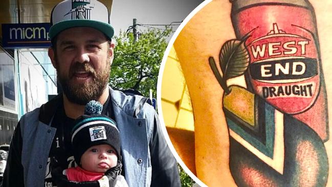 SA’s best Port Adelaide tattoo winner David Cunningham with his inked leg. Picture: Supplied