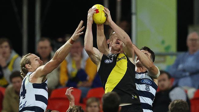 Jack Riewoldt took a number of strong marks and booted four goals against Geelong. Picture: Michael Klein