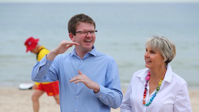 Emergency Services Minister Chris Picton and Labor candidate for Colton Angela Vaughan at Henley Beach Surf Life Saving Club. Photo: Tait Schmaal.