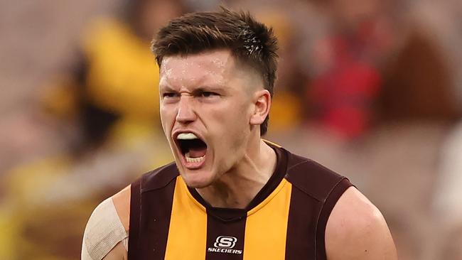 MELBOURNE, AUSTRALIA - JUNE 10: Mitch Lewis of the Hawks celebrates after scoring a goal during the round 13 AFL match between Hawthorn Hawks and Brisbane Lions at Melbourne Cricket Ground, on June 10, 2023, in Melbourne, Australia. (Photo by Robert Cianflone/Getty Images)