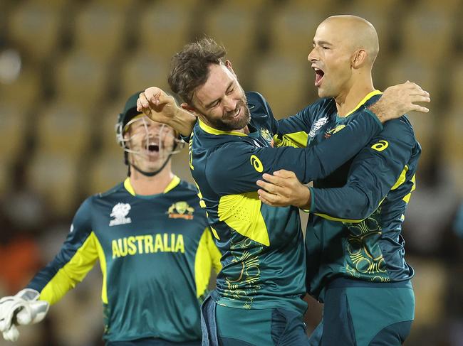 Ashton Agar, pictured celebrating with Glenn Maxwell, could be brought in for the clash with Afghanistan. Picture: Robert Cianflone/Getty Images