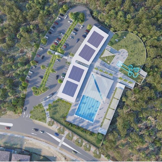 Renders and concept designs submitted by Gladstone Regional Council as part of their strategic project to be the developer of the Boyne Tannum Aquatic Recreation Centre at their preferred site on Coronation Dr. Picture: GRC (supplied)