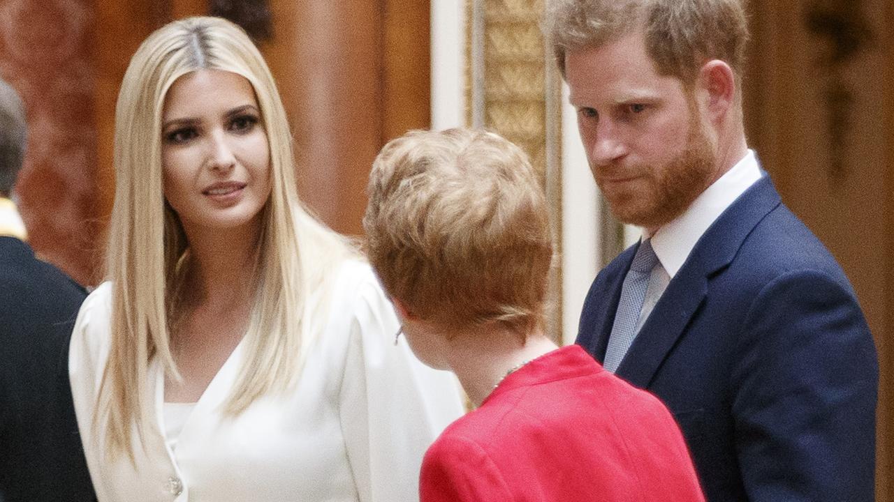 Ivanka Trump, pictured with Prince Harry, has been front and centre of her dad’s administration, even accompanying him on a state visit to England. Picture: Tolga Akmen – WPA Pool/Getty Images