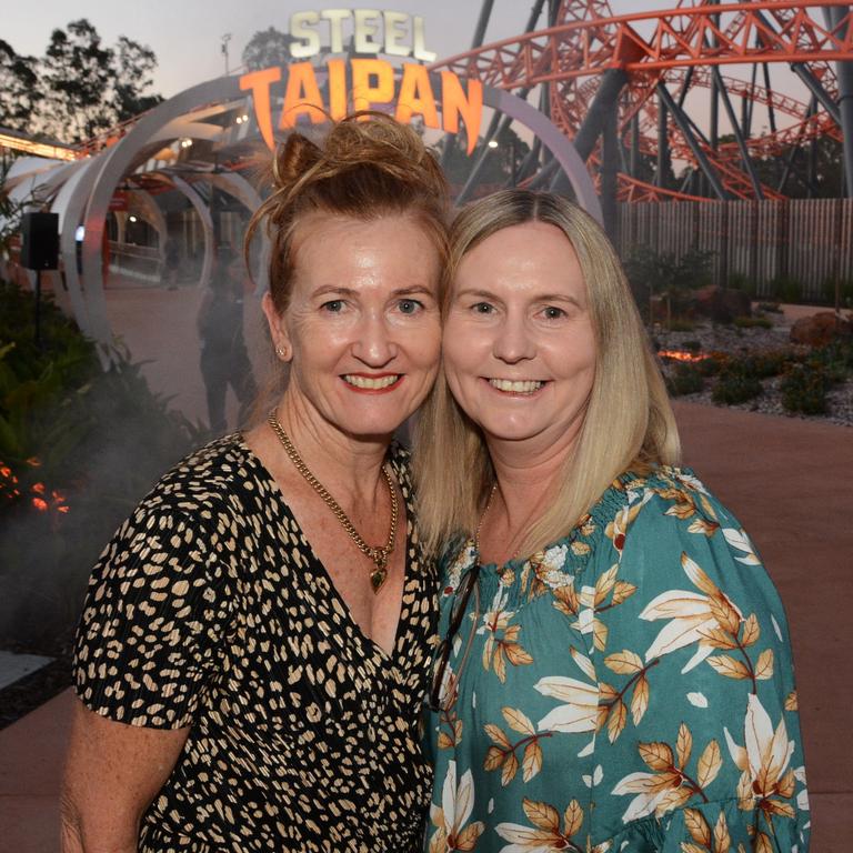 Michelle Johnson and Allison Williams at opening of Steel Taipan ride, Dreamworld. Picture: Regina King