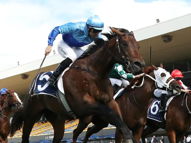 SYDNEY, AUSTRALIA - APRIL 27: Adam Hyeronimus riding Ikasara wins Race 1 ATC Bookmakers Recognition Day Handicap during Sydney Racing at Rosehill Gardens on April 27, 2024 in Sydney, Australia. (Photo by Jeremy Ng/Getty Images)