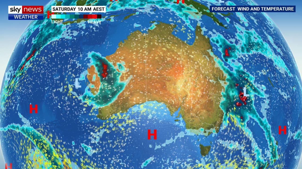 This weekend there will be substantial falls over parts of WA and the New South Wales coast including Sydney. Picture: Sky News Weather