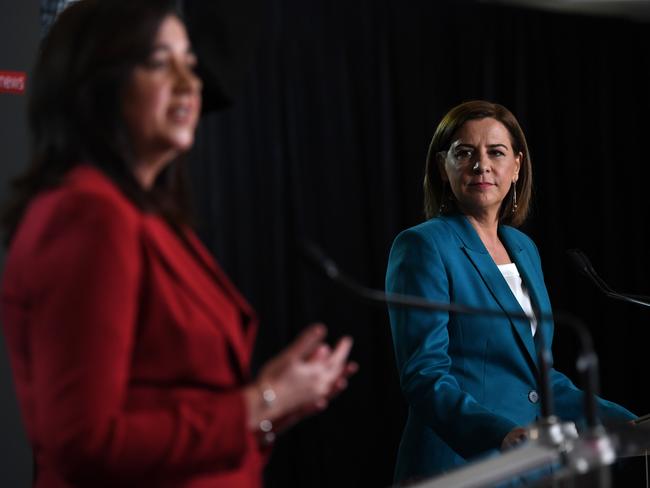 BRISBANE, AUSTRALIA - NewsWire Photos - OCTOBER 28, 2020. Queensland Premier Annastacia Palaszczuk (left) and opposition Leader Deb Frecklington engage in a debate during the Sky News - Courier Mail People's Forum at the Broncos Leagues club in Brisbane, ahead of the October 31 state election. Picture: NCA NewsWire / Dan Peled