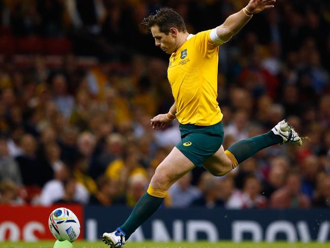 CARDIFF, WALES - SEPTEMBER 23: Bernard Foley of Australia kicks at goal during the 2015 Rugby World Cup Pool A match between Australia and Fiji at the Millennium Stadium on September 23, 2015 in Cardiff, United Kingdom. (Photo by Stu Forster/Getty Images)