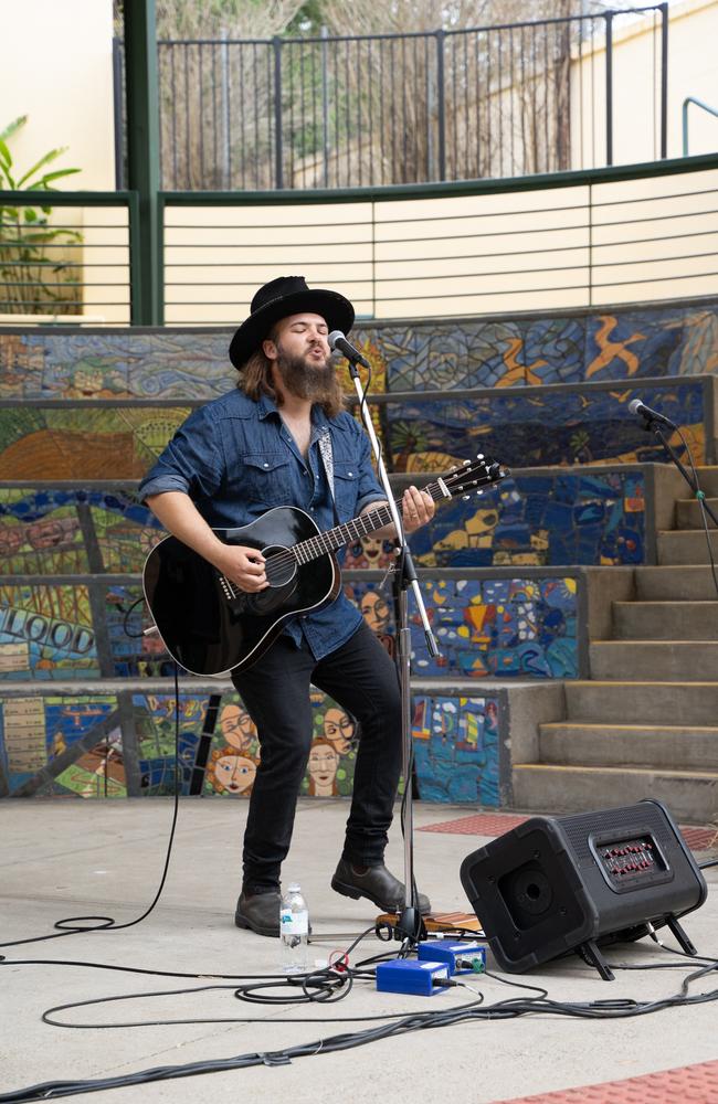 Linc Phelps plays at the main stage as part of Buskers on Mary in Gympie. August 18, 2023. Picture: Christine Schindler