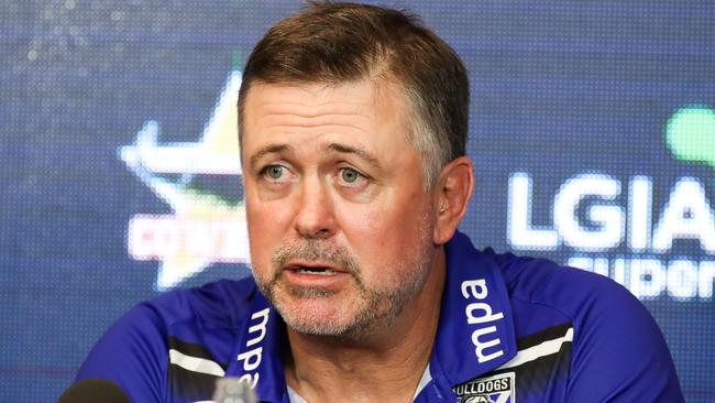 Dean Pay, Coach of the Bulldogs at the post game media conference after the Round 6 NRL match between the North Queensland Cowboys and the Canterbury-Bankstown Bulldogs at 1300SMILES Stadium in Townsville, Saturday, April 14, 2018. (AAP Image/Michael Chambers) NO ARCHIVING, EDITORIAL USE ONLY