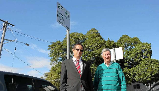 Lismore Council’s Brent McAlister and Chamber of Commerce Chairman Art Beavis celebrate the return of two-hour parking to the CBD. Picture: Andy Parks