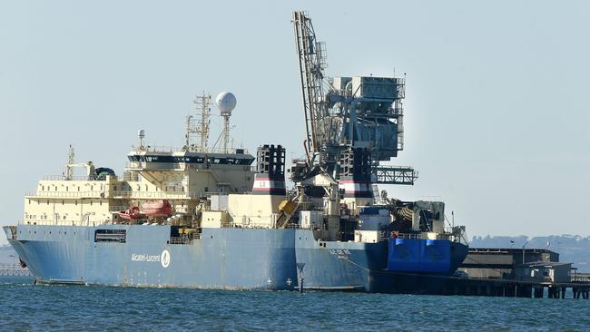 The Basslink repair vessel Ile De Re in dock at Point Henry in Geelong. Picture: ALISON WYND