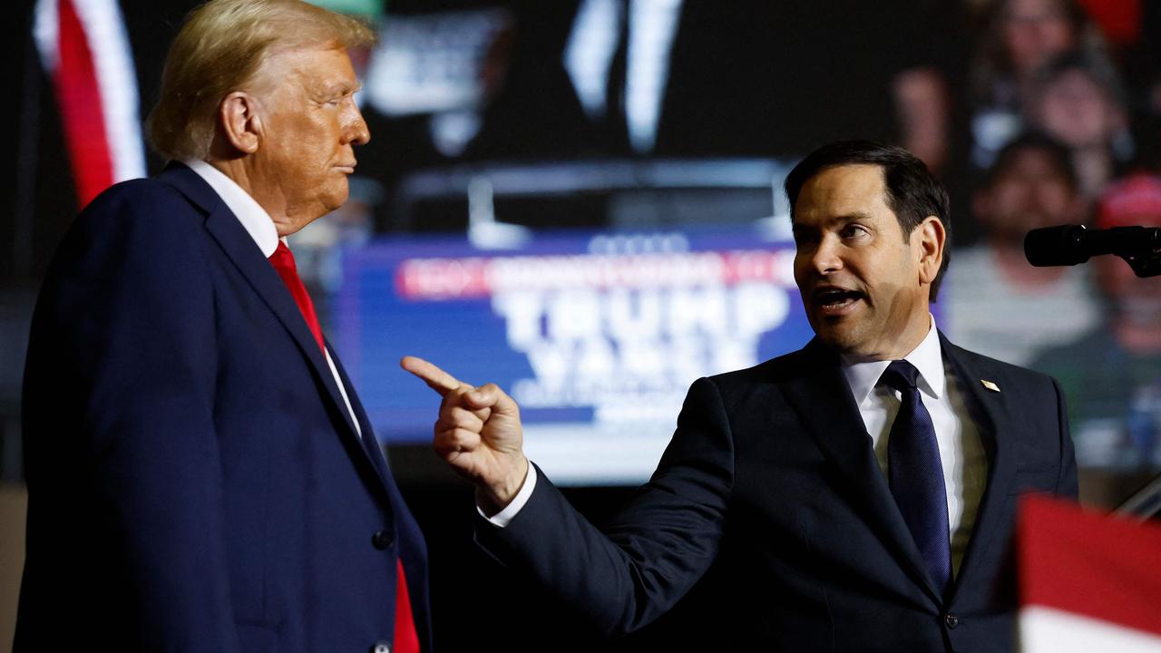 Senator Marco Rubio tells Republican presidential nominee Donald Trump of Joe Biden’s “garbage” remarks while on stage at The PPL Center in Pennsylvania on October 29, 2024. (Photo by CHIP SOMODEVILLA / GETTY IMAGES NORTH AMERICA / Getty Images via AFP)