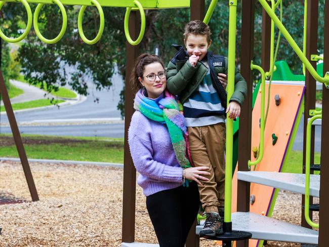 Despite trying to teach road safety to her autistic son Ashton, Maddie Francis says going to an unfenced playground is terrifying. Picture: Aaron Francis.