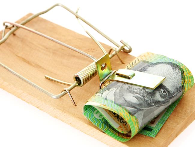 Australian money on white in a mouse trap, generic notes, cash