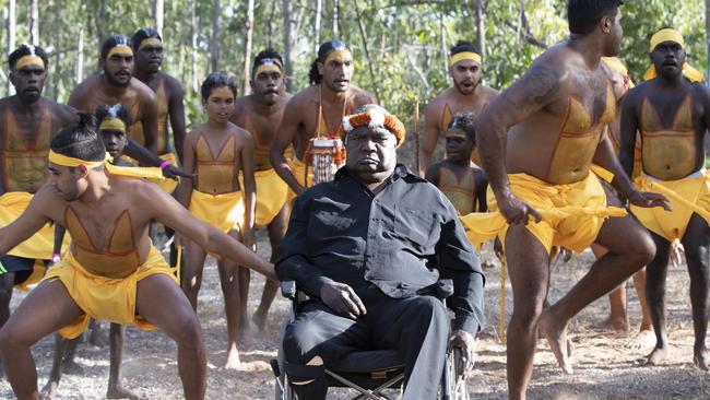 Galarrwuy Yunupingu and members of the Gumatj clan practise a bunggul (traditional dance) at the opening ceremony of the Garma festival. Picture: Peter Eve