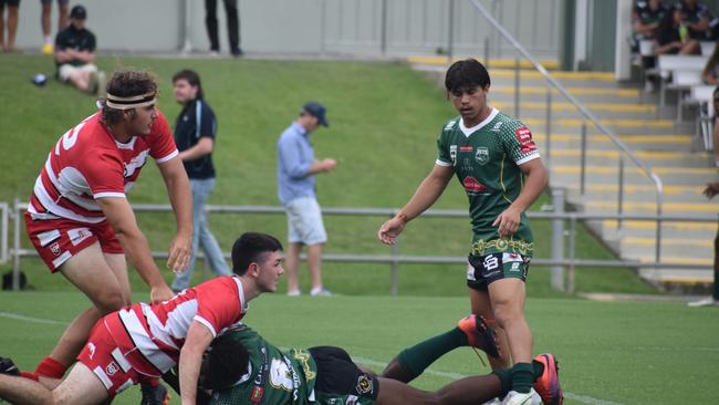 Tyler Peckham-Harris (right). Meninga Cup game between the Ipswich Jets and Wide Bay Bulls. Saturday March 11, 2023. Picture, Nick Tucker.