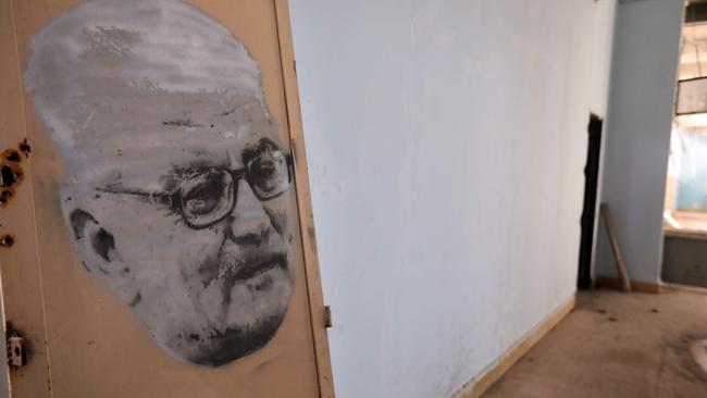 A drawing of Syrian archaeologist Khaled al-Asaad at Palmyra Museum. Picture: AFP