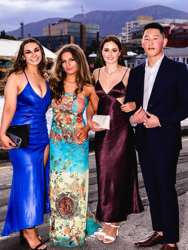 Hobart College leavers dinner 2022 Theodora Klonaris, Ellie Pippos, Nina Galligan, and Gihon Choi Picture: Linda Higginson