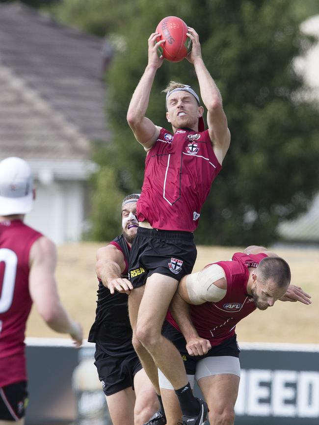 Callum Wilkie marks at St Kilda training.