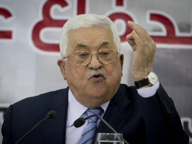 FILE - In this Sunday, Oct. 28, 2018 file photo, Palestinian President Mahmoud Abbas speaks during a meeting of the Central Council of the Palestinian Liberation Organization in the West Bank city of Ramallah. Late on Monday, at the end of a two-day gathering the council called for ending security coordination with Israeli forces in the West Bank, but says implementation is up to Abbas. They also called for suspending recognition of Israel. Abbas, who controls the council, has not implemented such decisions in the past. (AP Photo/Majdi Mohammed, File)