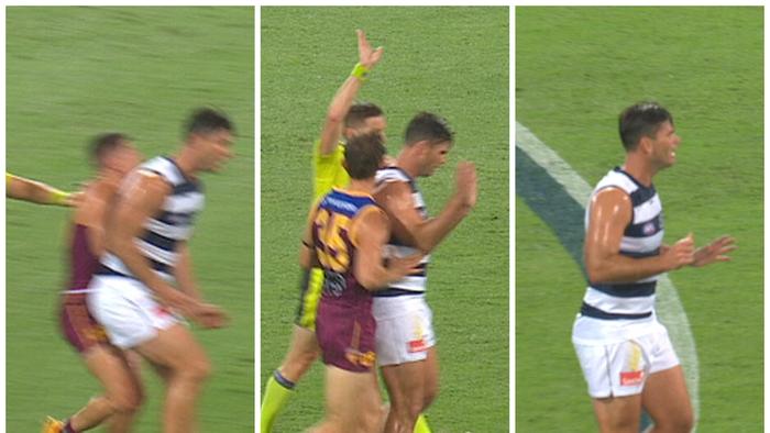Geelong's Tom Hawkins gives away a 100m penalty.