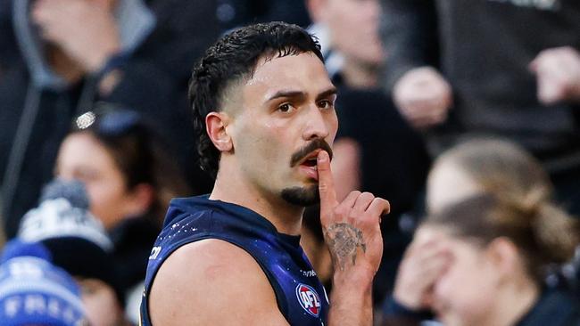 MELBOURNE, AUSTRALIA - MAY 18: Izak Rankine of the Crows celebrates a goal during the 2024 AFL Round 10 match between The Collingwood Magpies and Kuwarna (Adelaide Crows) at The Melbourne Cricket Ground on May 18, 2024 in Melbourne, Australia. (Photo by Dylan Burns/AFL Photos via Getty Images)