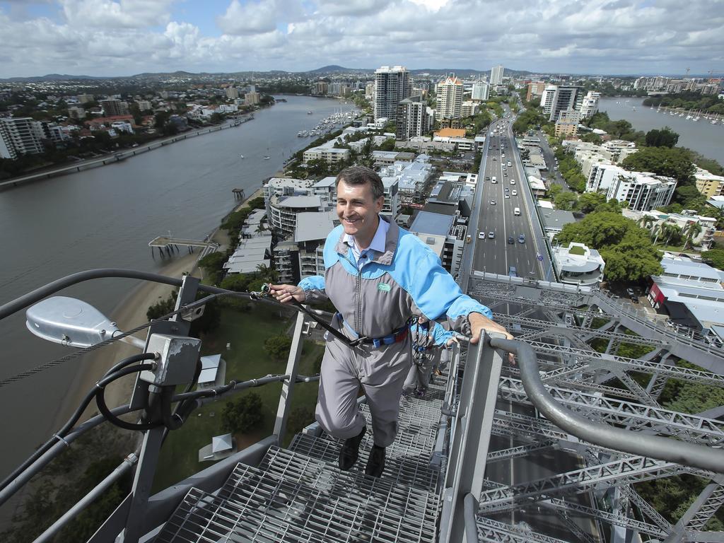 Then lord mayor Graham Quirk climbs the Story Bridge in 2016.