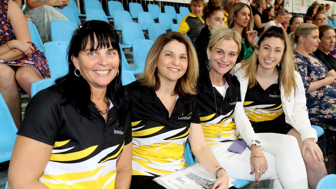 Super Netball game between Fever and Giants at Cairns pop up stadium. Cherie Fapani, Carla Broccardo, Deb Zanoletti and Rikki-Lee Broccardo. PICTURE: STEWART McLEAN