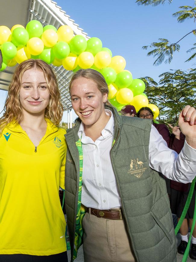 Students welcome Commonwealth Games swimmer Mollie O'Callaghan (middle) and Ella Ramsay at St Peters, Springfield, Monday, August 15, 2022 - Picture: Richard Walker