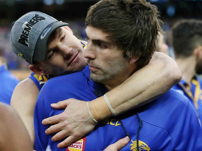 Suspended Eagle Andrew Gaff is consoled by teammates. Picture: Michael Klein