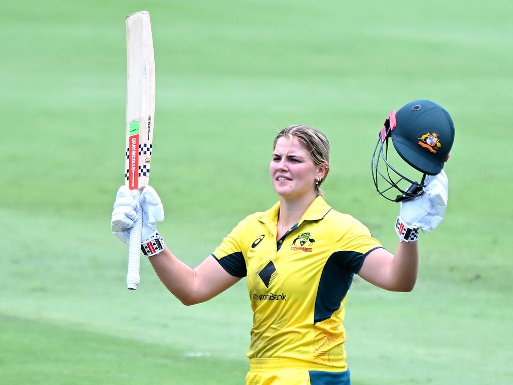 Georgia Voll celebrates after scoring her maiden century for Australia. Picture: Bradley Kanaris/Getty Images