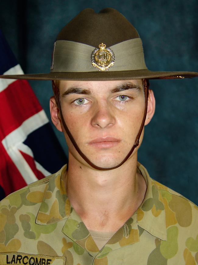 Sapper Jamie Larcombe was killed in action in the Mirabad Valley, Uruzgan Province on 19 Feb 2011. This is a composite image, created for the memorial service in Tarin Kot. Flag and hat added for the memorial service.