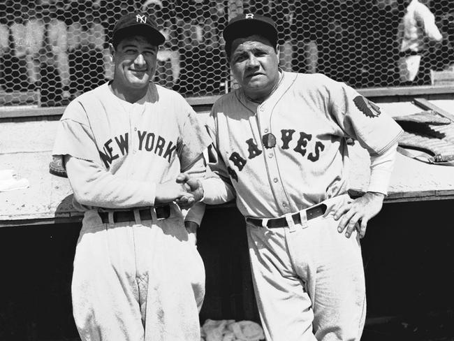 Lou Gehrig with Babe Ruth in 2935, this first time they met after Ruth left the Yankees for the Boston Braves. Picture: AP